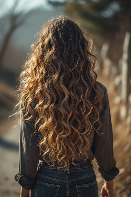 Long curly hair with balayage highlights cascading elegantly over shoulders.
