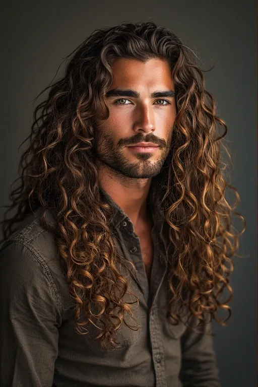 "Leo with long curly hair, styled for maximum volume, flow, and bold statement."