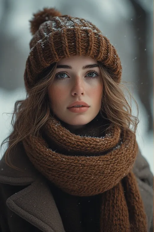 Woman with soft loose waves hairstyle in winter outfit with hat and scarf.