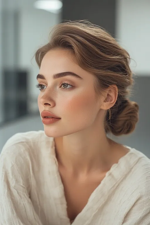 Woman with sleek low bun hairstyle representing classic and refined everyday glam.