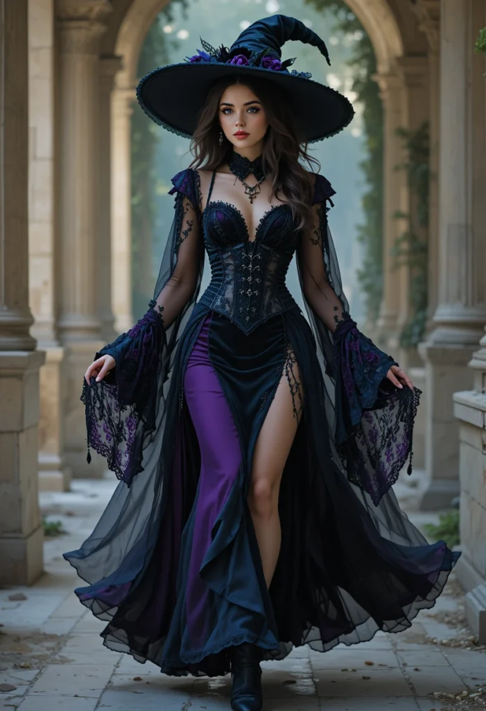 Luxurious witch outfit featuring velvet, lace, and satin in dark romantic tones.