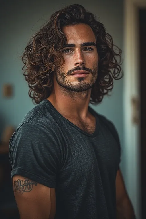 "Marcus with medium-length curly hair styled for versatility and natural movement."