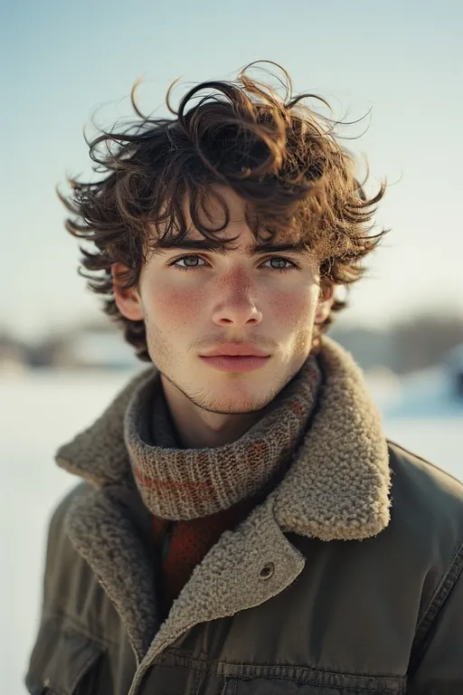 "Lucas sporting a messy chic winter hairstyle, relaxed yet stylish for casual outings."