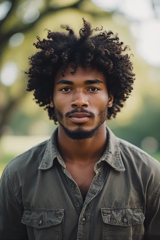 "Kofi showing messy curly hairstyle with natural volume and relaxed vibe."