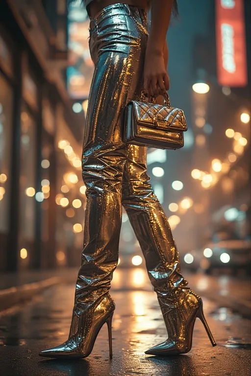 Shiny silver and gold metallic fashion outfit inspired by Y2K glamour.