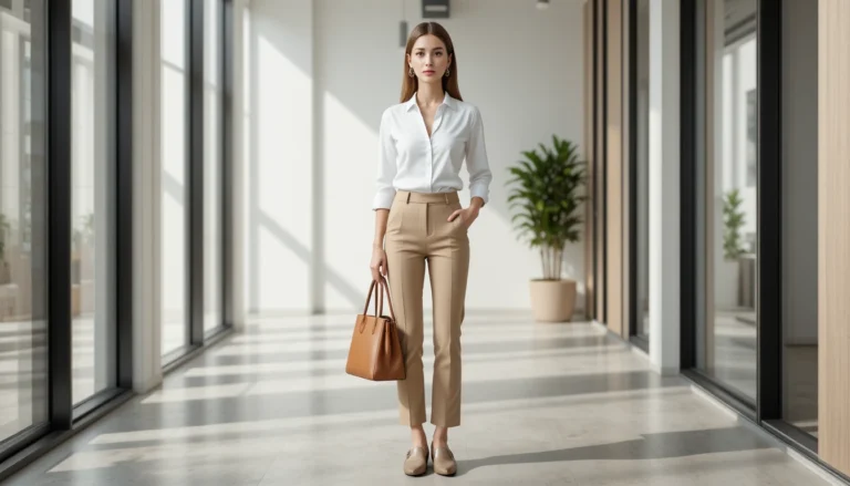 Woman in beige trousers and white blouse with a leather tote, showcasing minimalist business casual fashion in a bright office setting.
