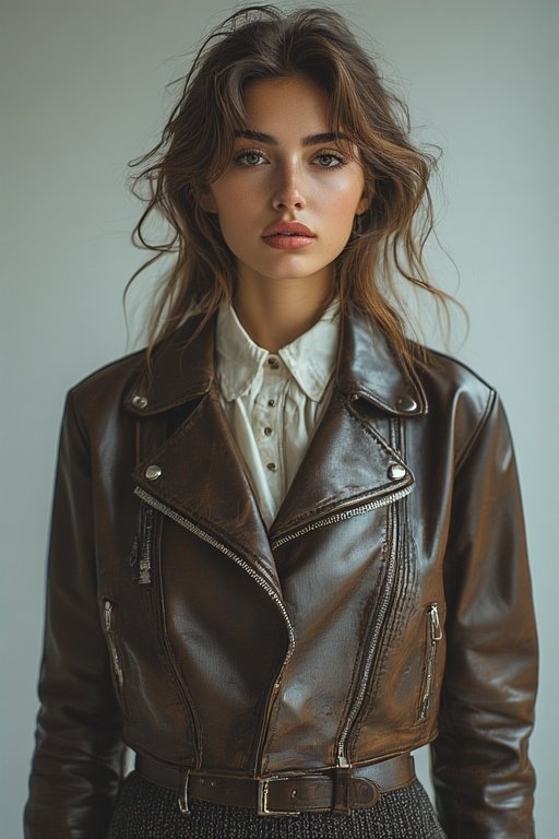 Outfit mixing silk, leather, and knit fabrics for stylish texture contrast.”