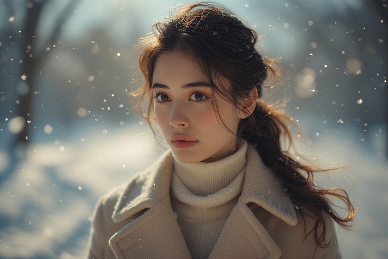 Woman with sleek low ponytail in a beige coat posing in winter snow.