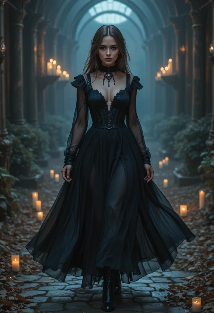 Modern witch look with gothic velvet textures, smokey eyes, and metallic accents for Halloween.