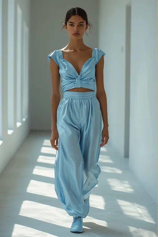 10+Modern Twist On 2000s Fashion Ideas 11 Soft monochrome Y2K-inspired outfit in icy blue tones styled with matching accessories.