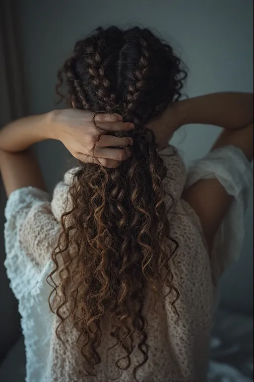 Woman covering braided curly hair with satin scarf at bedtime.