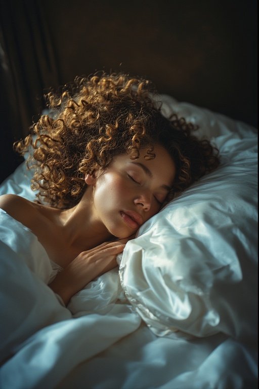 Woman practicing nighttime care for curls using the pineapple technique and satin pillowcase.