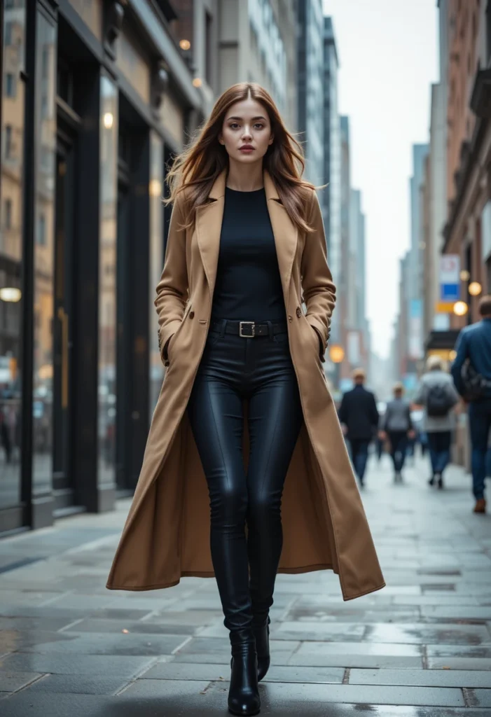 Woman in a trench coat completing her elegant business casual outfit in an urban setting.