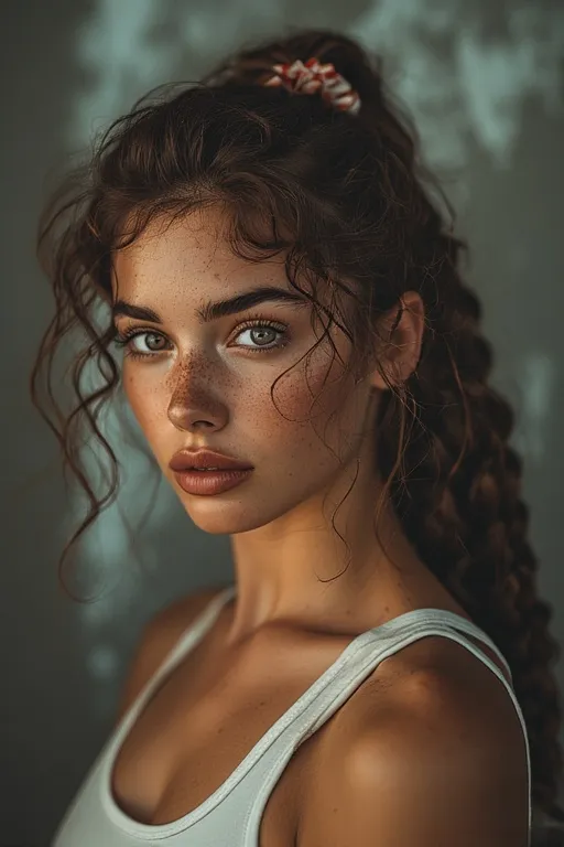 High braided ponytail with loose curls and silk scrunchie for sporty look.