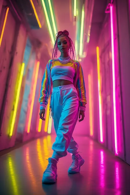 "Y2K street style outfit with bold pink, blue, and silver tones representing early 2000s fashion revival"