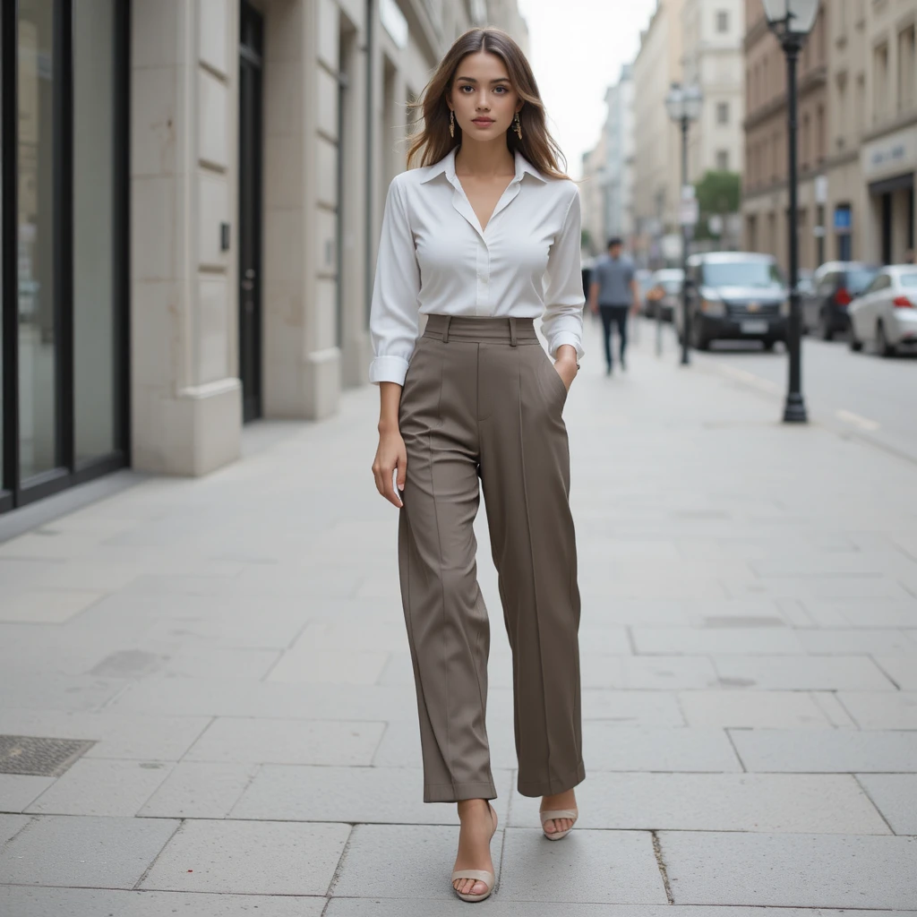 Woman in wide-leg tailored trousers and blouse, representing polished professional fashion.