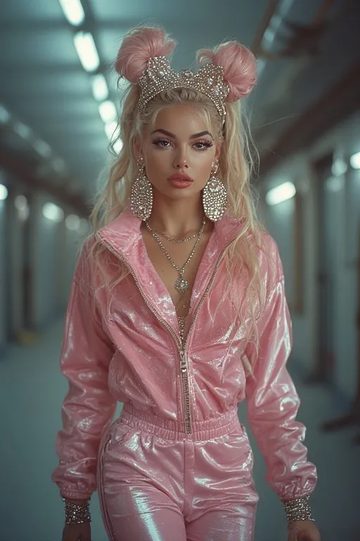 "Model styled in pink velour tracksuit inspired by early 2000s pop culture fashion icons"
