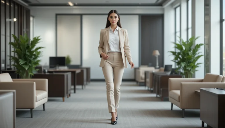 “Woman in beige blazer and white blouse posing in a modern office wearing a professional business casual outfit.”