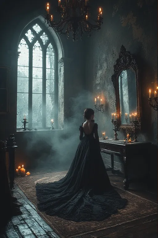 Ghostly Glam Black Halloween Style Ideas 10 Gothic scene with candles and flowing gown creating eerie, glamorous Halloween atmosphere.