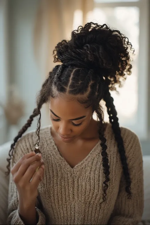 Woman with braided protective style applying hair oil to maintain health.