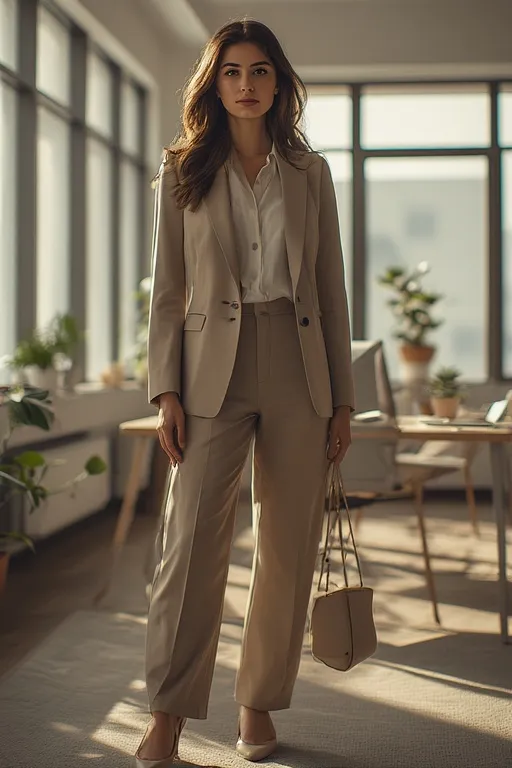 Business Casual Outfits For Modern Workwear 2 Modern woman in smart business casual attire standing confidently in a minimalist office setting.