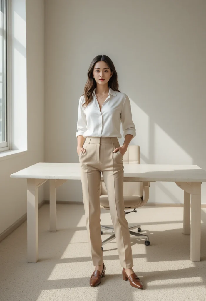 10+Minimalist Business Casual Fashion Ideas 2 Modern business casual outfit featuring neutral tones and relaxed tailoring for a professional yet comfortable look.