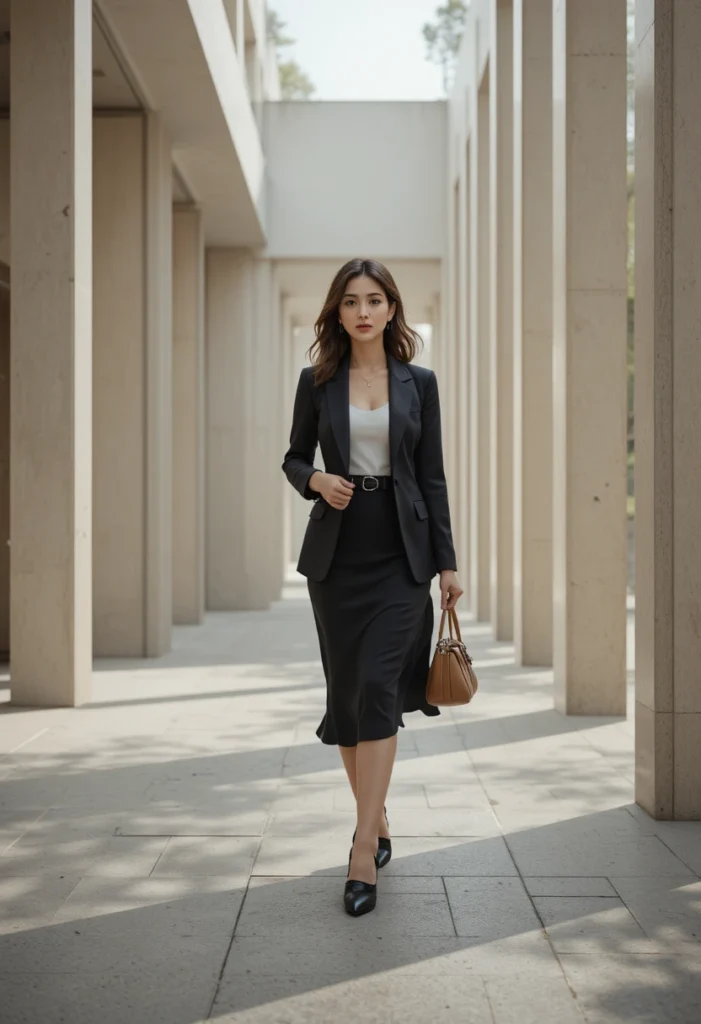 Smart Stylish Outfit Ideas For Modern Women 2 Modern woman in tailored neutral outfit showcasing minimalist elegance and confidence.