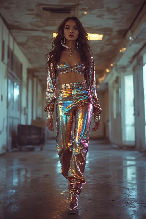 "Confident woman wearing metallic Y2K fashion representing bold early 2000s aesthetic"