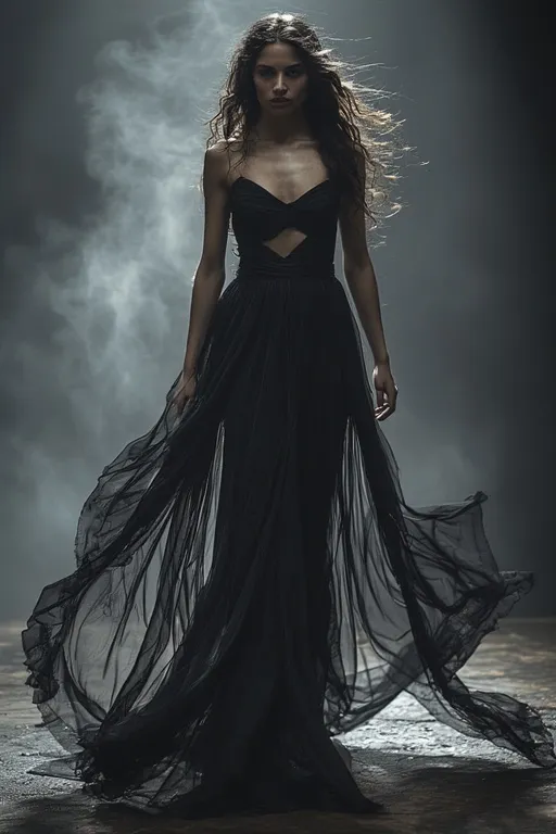 Ghostly Glam Black Halloween Style Ideas 3 Model in a flowing black chiffon dress showcasing ghostly silhouette and movement under soft moonlight.