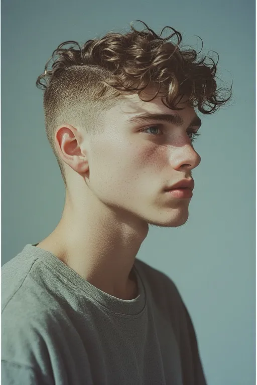 "Ryan showing short curly hairstyle with clean taper, highlighting texture and modern style