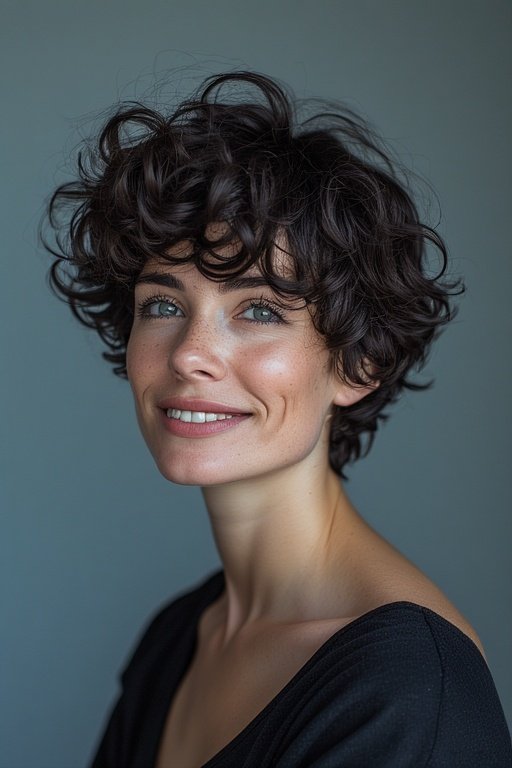 Short curly pixie hairstyle showing natural texture and personality.