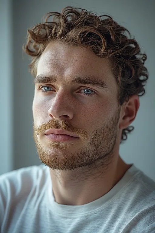 Man with short defined curls featuring a neat and stylish low-maintenance haircut.