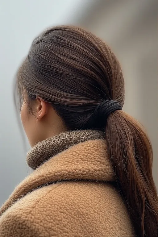 Sleek low ponytail hairstyle styled neatly with winter outfit and scarf.