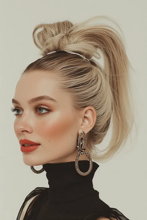Woman with high sleek ponytail and wrapped base, exuding chic and polished style.