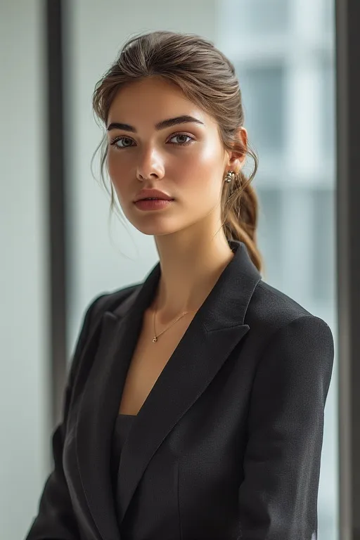 Sleek polished ponytail hairstyle paired with professional chic attire.