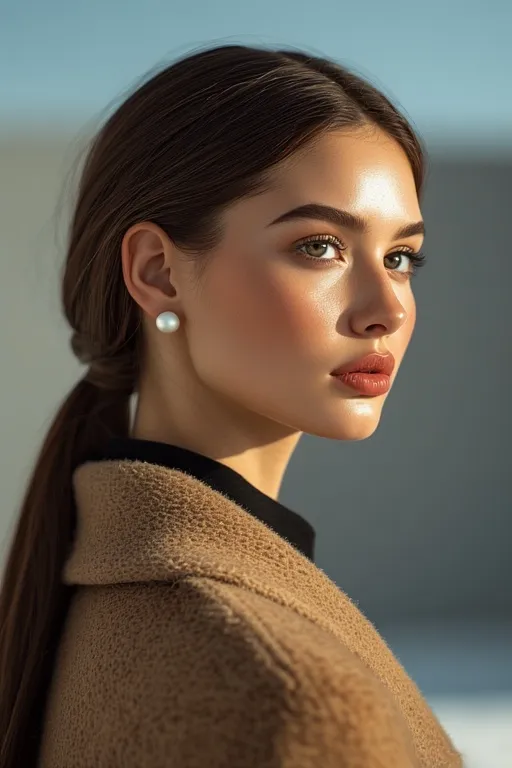 Sleek low ponytail hairstyle paired with elegant winter outfit and accessories.