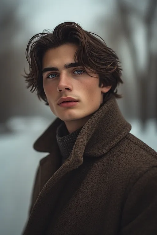 "Liam showing a sleek straight hairstyle in winter, with glossy hair and a high-collared coat."