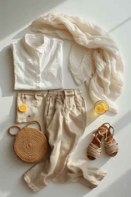 Natural breathable fabrics like linen and cotton for summer fashion in soft beige tones.
