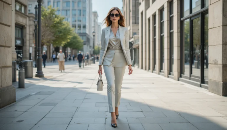 “Modern woman in a tailored blazer and trousers walking confidently in the city, showcasing smart and elegant fashion.”