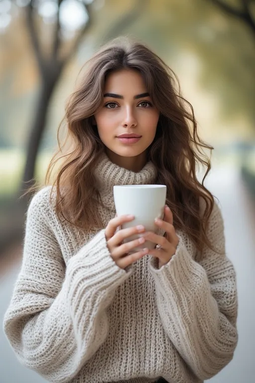 Woman with soft waves hairstyle enjoying autumn scenery with warm colors.