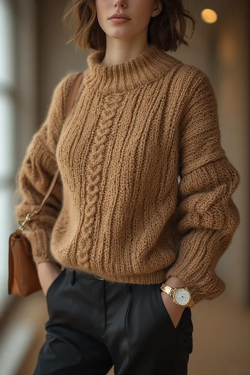 10+Business Casual Outfit Fashion Ideas 4 “Camel knit sweater paired with black trousers for an elegant business casual outfit.”