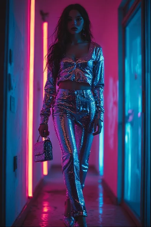 "Model wearing sequined Y2K outfit with metallic details and sparkly accessories for glamorous look"