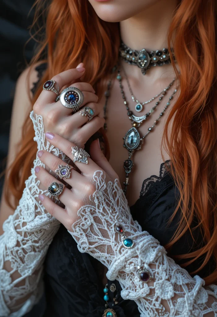 Witchy accessories with silver jewelry, gemstone rings, and celestial headpieces.