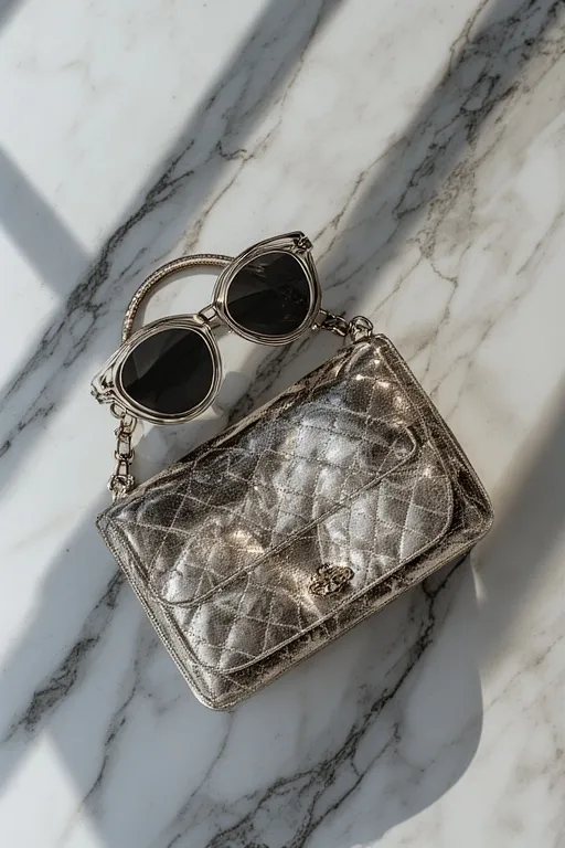 10+Modern Twist On 2000s Fashion Ideas 9 Stylish modern Y2K accessories including metallic purse and sunglasses displayed on marble background.