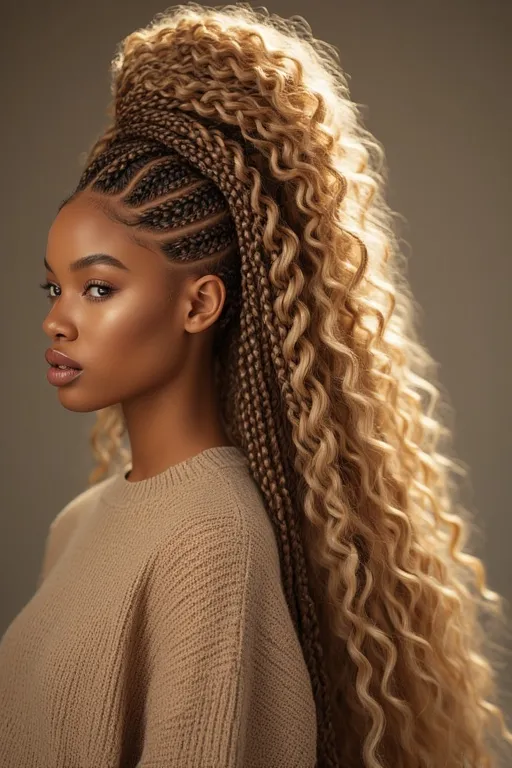 Cornrow braids with defined curls in a bold, high-fashion hairstyle