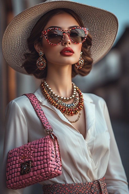 Woman elevating a simple outfit with statement accessories like bold jewelry and handbag.”