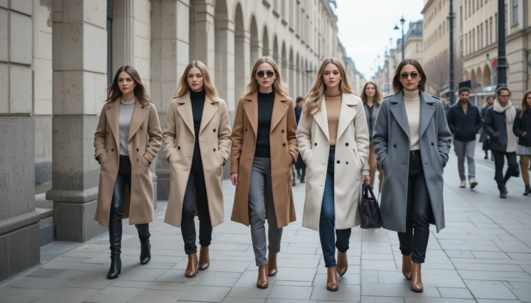 “People wearing modern Scandinavian fashion with neutral layers and minimalist coats in Stockholm city streets.”