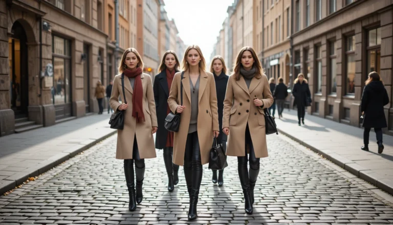 “Fashionable people in minimalist Scandinavian outfits walking through Stockholm streets in neutral tones and tailored coats.”