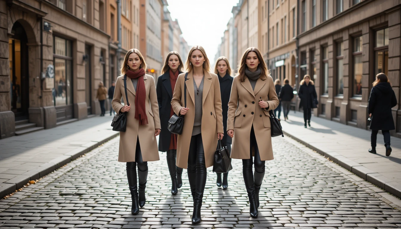 “Fashionable people in minimalist Scandinavian outfits walking through Stockholm streets in neutral tones and tailored coats.”