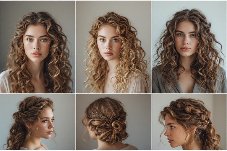 "Elegant braided and curly hairstyles showcasing intricate braids, voluminous curls, and stylish updos for various occasions."